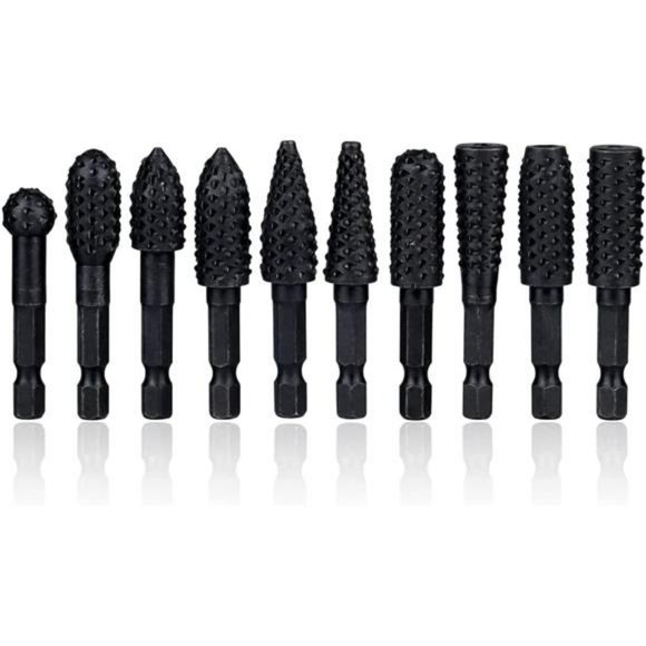 10 Pcs Rotary Burr Rasp Set, 1/4" Hex Shank Quick Change Wood Carving Drill Bits - Picture 1 of 7